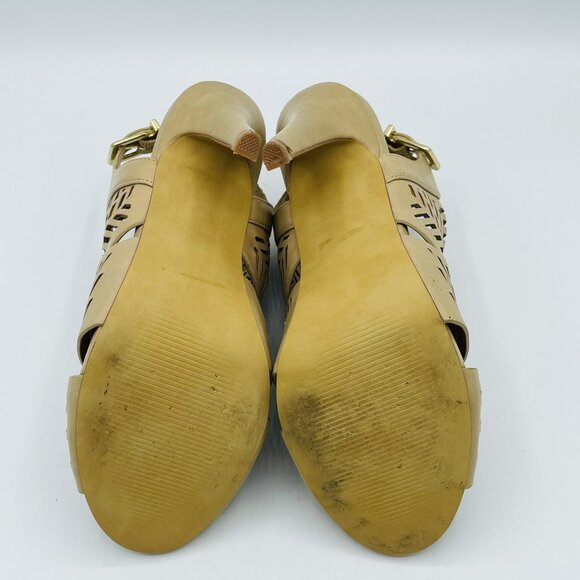 Express Shoes Womens Size 6.5 Tan Beige Heels Bootie Stiletto Ankle Strap Buckle - Picture 9 of 10